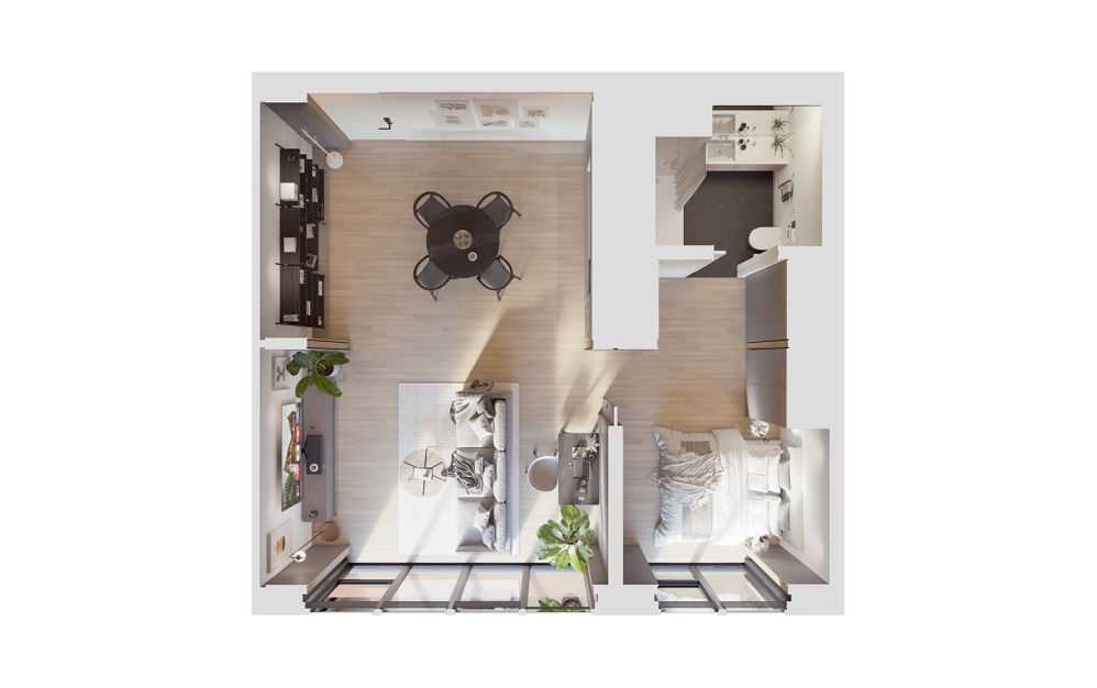 Floor plan for 1 bed, 1 bath, 684 sqft